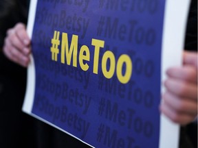 WASHINGTON, DC - JANUARY 25:  An activist holds a #MeToo sign during a news conference on a Title IX lawsuit outside the Department of Education January 25, 2018 in Washington, DC. Anti-sexual harassment groups held a news conference to announce a "landmark lawsuit against the Trump Administration over Title IX" and the "unconstitutional Title IX policy harming student survivors of sexual violence and harassment."  (Photo by Alex Wong/Getty Images)