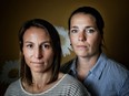 Amélie-Frédérique Gagnon, left, and Geneviève Simard, spoke of being abused by ski coach Bertrand Charest. They pose here for a photograph after a press conference at the Sheldon Kennedy Child Advocacy Centre on Friday, June 8, 2018.
