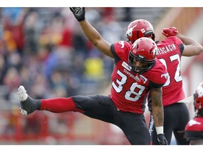 Calgary Stampeders Terry Williams, celebrates his touchdown on the Hamilton Tiger-Cats during their game at McMahon Stadium in Calgary, on Saturday June 16, 2018. Leah Hennel/Postmedia