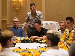 Former NHL player Andrew Ference speak to surviving members of the Humboldt Broncos prior to a media event put on by the NHL in Las Vegas, NV on Tuesday, June 19, 2018. Ference is responsible for helping advance the League's social impact with his job in the NHL.