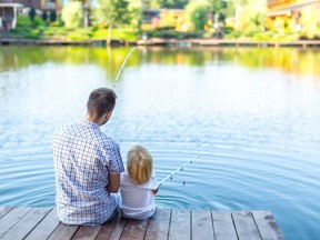 Father and son fishing on the pier