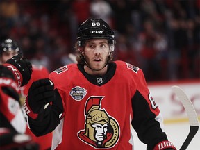 STOCKHOLM, SWEDEN - NOVEMBER 11: Mike Hoffman #68 of Ottawa Senators celebrates after scoring to 1-1 during the 2017 SAP NHL Global Series match between Colorado Avalanche and Ottawa Senators at Ericsson Globe on November 11, 2017 in Stockholm, Sweden. (Photo by Nils Petter Nilsson/Ombrello/Getty Images) ORG XMIT: POS2017111206472455 ORG XMIT: POS1801011956340632