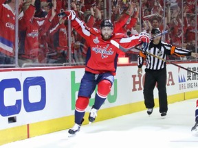 Evgeny Kuznetsov of the Capitals celebrates his second-period goal against the Vegas Golden Knights in Game 3 of the Stanley Cup Final at Capital One Arena in Washington on Saturday night.