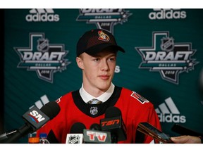 DALLAS, TX - JUNE 22:  Jacob Bernard-Docker speaks to the media after being selected twenty-sixth overall by the Ottawa Senators during the first round of the 2018 NHL Draft at American Airlines Center on June 22, 2018 in Dallas, Texas.