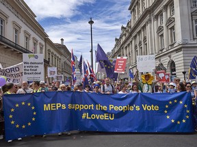 Demonstrators gather prior to the start of the People's March demanding a People's Vote on the final Brexit deal, in central London on June 23, 2018, on the second anniversary of the 2016 referendum.  / AFP PHOTO / Niklas HALLE'NNIKLAS HALLE'N/AFP/Getty Images