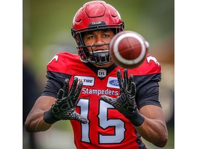 Calgary Stampeders Eric Rogers during warm-up before facing the Hamilton Tiger-Cats in the season opener in CFL football in Calgary on Saturday, June 16, 2018. Al Charest/Postmedia