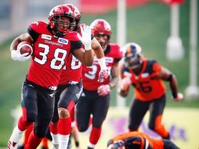 Calgary Stampeders Terry Williams with a 54 yard return against the BC Lions during CFL pre-season football in Calgary on Friday, June 1, 2018. Al Charest/Postmedia