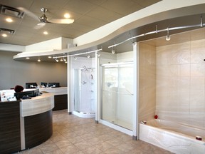 The Bath Fitter showroom offers many options for a bathroom renovation including custom-made and measured wall surrounds.
