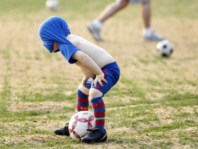 Ottawa youth soccer.  Ben Grant can't see after pulling his shirt over his head.   Tony Caldwell/QMI Agency