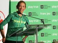Canadian Olympian Beckie Scott speaks at the World Anti-Doping Agency (WADA) Global Athlete Forum in Calgary on Monday June 4, 2018.