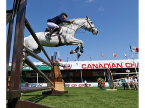 Brazil's Rodrigo Lambre riding Velini competes in the Bantrel Cup at the Spruce Meadows National on Wednesday June 6, 2018.  Gavin Young/Postmedia
