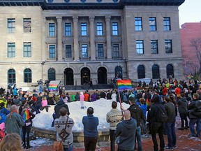 Several hundred people rallied in support of gay straight alliances (GSA's) and Bill 24 at McDougall Centre in downtown Calgary on Sunday November 12, 2017. Gavin Young/Postmedia