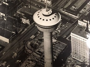 Photo taken April 16, 1971: As the tower turned three, its domination of the landscape continued to be seen from both land and air. Calgary Herald archives