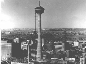 The Calgary Tower, photographed while under construction in July 1967, when it truly did dominate the Calgary skyline. The Meccano-like scaffolding on the left side was a temporary structure designed to facilitate the movement of workers and materials to the top of the concrete shaft. Calgary Herald archives