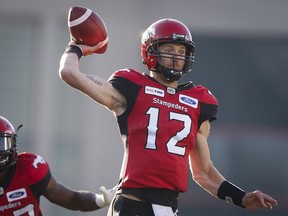 Calgary Stampeders' quarterback Ricky Stanzi throws the ball during CFL pre-season football action against the B.C. Lions in Calgary, Friday, June 1, 2018.THE CANADIAN PRESS/Jeff McIntosh ORG XMIT: JMC116