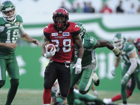 Calgary Stampeders running back Terry Williams runs back a punt for a touchdown against the Saskatchewan Roughriders during first half pre-season CFL action at Mosaic Stadium in Regina on Friday, June 8, 2018. THE CANADIAN PRESS/Mark Taylor ORG XMIT: MT102