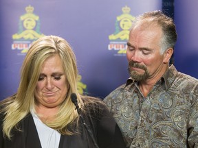 Lisa Freihaut, accompanied by her husband Dean, speaks at a press conference on April 7, 2016 about the death of her 78-year-old mother Irene Carter. Freihaut would eventually be charged with second-degree murder in the killing.