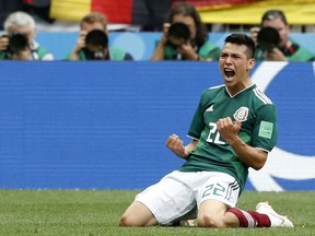 Mexico's Hirving Lozano, celebrates scoring his side's goal during the group F match between Germany and Mexico at the 2018 soccer World Cup in the Luzhniki Stadium in Moscow, Russia, Sunday, June 17, 2018.