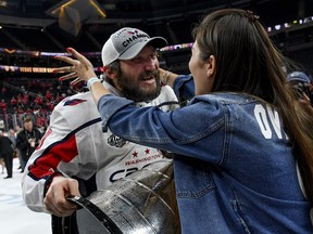 Alex Ovechkin greets his wife Nastya after the Washington Capitals won the Stanley Cup in Las Vegas.