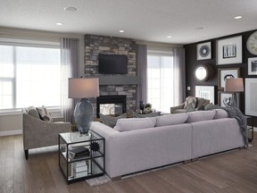 The great room in the Hudson II show home in Cranston's Riverstone by Brookfield Residential.