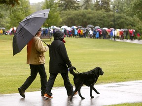 Over 1,300 Calgarians braved the rain and celebrated the power of coming together to change the lives of Canadians affected by MS at the Calgary Jayman BUILT MS Walk at Princeís Island Park, in Calgary on Sunday June 10, 2018. Darren Makowichuk/Postmedia