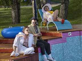 Left to right, Justin Lanouette (Valentine), Billy Brown (Speed), and Kiana Woo in The Shakespeare Company's Two Gentlemen of Verona. Photo by Trudie Lee.