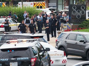 Police respond to a shooting in Annapolis, Maryland, June 28, 2018. Several people were feared killed Thursday in a shooting at the building that houses the Capital Gazette, a daily newspaper published in Annapolis, a historic city an hour east of Washington.