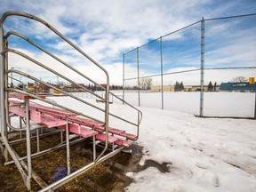 Deep snow blankets a baseball diamond in Renfrew on April 11, 2018. The heavy snow resulted in a late start for outdoor sports schedules across the city.