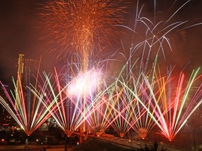 Fireworks are set off from the Centre St Bridge during Canada Day 150 celebrations on Riverfront Avenue in downtown Calgary on Saturday July 1, 2017. The spectacular display took about 30 minutes.