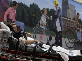 Ryan Straschnitzki speaks to reporters after arriving at Shriners Hospital for Children in Philadelphia on May 31, 2018.