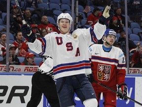 Brady Tkachuk celebrates a goal during the second period of the bronze-medal game at the 2018 world junior hockey tournament on Jan. 5 in Buffalo.