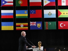 FIFA President Gianni Infantino speaks at the end of the FIFA congress in Moscow, Russia, Wednesday, June 13, 2018. The United bid from Canada, Mexico and the United States won the vote against Morocco to host the 2026 World Cup.