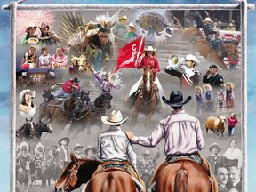 Local ranch girl Jorgia Montana is dead centre riding and carrying the Calgary Stampede flag in the 2018 official poster for the Calgary Stampede.  Photo courtesy The Calgary Stampede