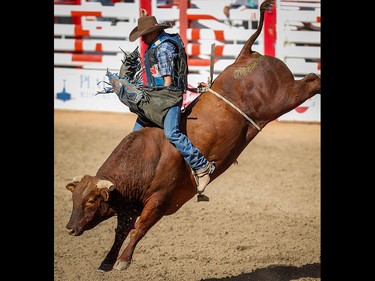 Marcos Gloria of Edmonton, Alberta rode Rattler to a score of 76 to win the the bull-riding event on Championship Sunday during the 2018 Calgary Stampede on Sunday, July 15, 2018. Al Charest/Postmedia