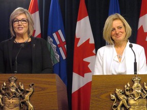 On Nov. 17, 2016, Sandra Jansen, left, and Premier Rachel Notley announced  that Jansen was crossing the floor from the Progressive Conservatives to join Notley's NDP. Jansen, a Calgary MLA, pulled out of the PC party's leadership race, citing harassment over her progressive views.