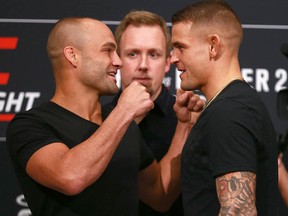 Eddie Alvarez, left, faces off with Dustin Poirier during UFC Fight Night: Calgary media day at the Hyatt Regency in Calgary on Thursday, July 26, 2018. (Jim Wells/Postmedia)