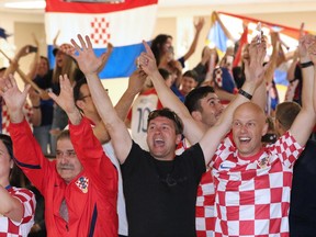 Croatian fans celebrate at Calgary's Croatian-Canadian Cultural Centre after Croatia defeated England in World Cup Soccer semi-final action 2-1 on Wednesday July 11, 2018.
