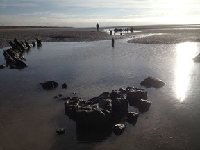 Remnants of a shipwreck on Camber Sands, England, is seen in this undated handout photo. Researchers say remnants of a 175-year-old ship washed up on an England beach could be from a Nova Scotian vessel. The shipwreck was discovered in 2016 on the foreshore of Camber Sands, a popular beach near Rye, East Sussex.