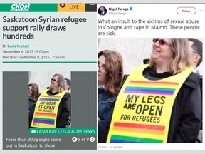 An altered photo (right) tweeted by Nigel Farage, the former leader of the UK Independence Party and a member of the European Parliament, along with a version of the original (left) from the CKOM website are shown in this handout combination photo. Vancouver radio reporter Lasia Kretzel says people on social media, including a vocal British politician, should be more careful about spreading fake news.