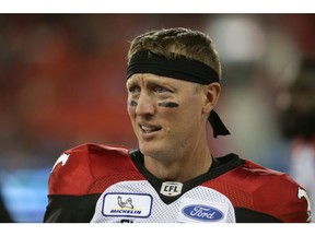 Calgary Stampeders quarterback Bo Levi Mitchell (19) reacts from the sidelines during the second half of CFL football game action against the Toronto Argonauts at BMO Field in Toronto, Ontario on Saturday June 23, 2018.