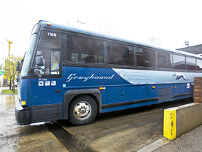 A Greyhound bus leaves the station in Edmonton. Some 107 communities in Alberta will lose Greyhound service because of the shutdown, 334 in total from the Rocky Mountains to the Ontario border.