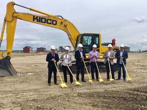 Excel Homes’ team, from left: Tim Taylor, area manager at Holland Park; Jade Getz, development manager; Lance Floer, president and CEO; Alex Ferguson, president, multi-family; Frank Boyd, director; and Cameron Rae, vice-president, multi-family.