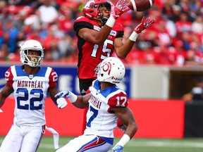 Stampeders receiver Eric Rogers snags the ball during CFL action against the Montreal Alouettes at McMahon Stadium on July 21, 2018.
