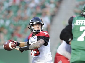 Calgary Stampeders quarterback Bo Levi Mitchell attempts a pass during first half CFL action against the Saskatchewan Roughriders at Mosaic Stadium in Regina on Friday, July 28, 2018. THE CANADIAN PRESS/Mark Taylor ORG XMIT: MT101
