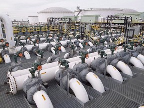 Pipes are seen at the Kinder Morgan Trans Mountain facility in Edmonton on April 6, 2017.