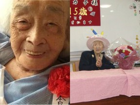 Kane Tanaka, right, is celebrated her 115th birthday at her nursing home in Fukuoka, southwestern Japan. Tanaka became the new oldest person in Japan after 117-year-old Japanese woman Chiyo Miyako, left, the world's oldest person, died on Sunday, July 27, 2018