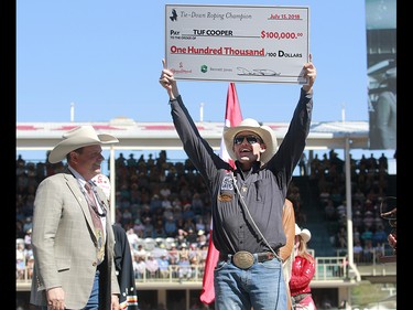 2018 Calgary Stampede Tie-Down Roping Champion Tuf Cooper celebrates on Sunday, July 15, 2018. Dean Pilling/Postmedia