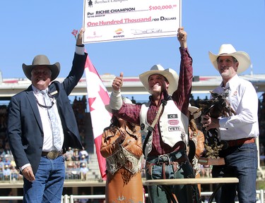 2018 Calgary Stampede Bareback Champion Richie Champion, from Dublin, TX, celebrates on Sunday, July 15, 2018. Dean Pilling/Postmedia