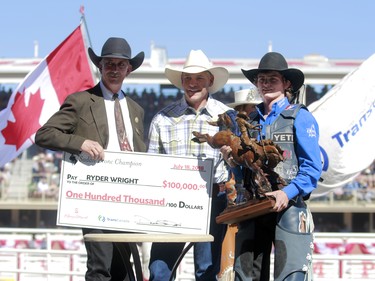 2018 Calgary Stampede Saddle Bronc Champion Ryder Wright, from Millford, UT, celebrates on Sunday, July 15, 2018. Dean Pilling/Postmedia