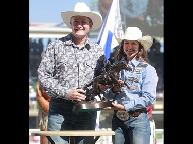 2018 Calgary Stampede Barrel Racing Champion Hailey Kinsel, from Cotulla, TX, celebrates on Sunday, July 15, 2018. Dean Pilling/Postmedia